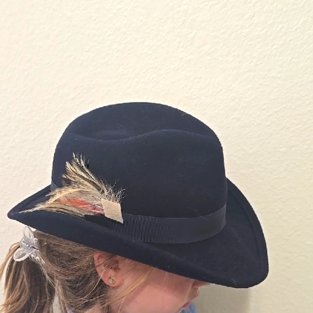 Lancaster, Jonni, Navy Blue Fedora Hat with Feather Accent